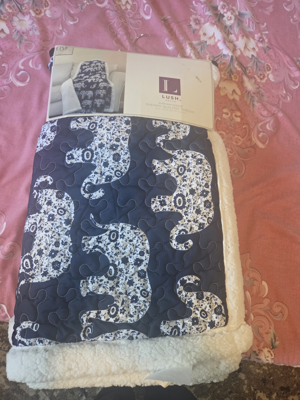 Navy Elephant Sherpa Throw Blanket